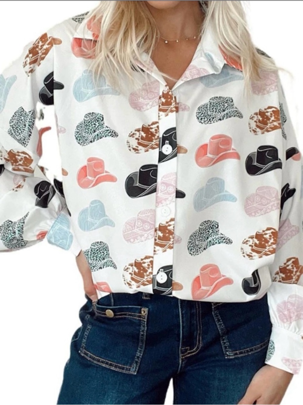 White Button-Up Shirt with Multicolor Cowboy Hat Print
